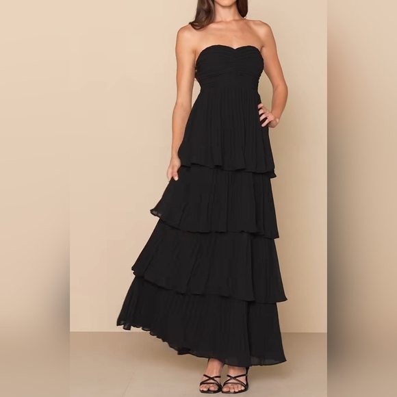 Lulus Seriously Sensational Black Strapless Tiered Maxi Dress, Size Medium - Picture 7 of 14